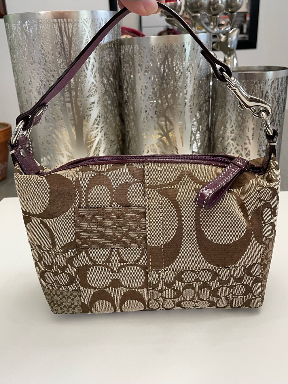Vintage Coach Patchwork Signature Mini Wristlet in Brown with Plum Trim